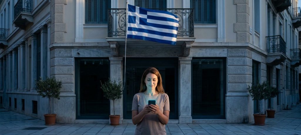 Shop owner in front of her closed shop on the morning of 28 October, checking her phone, with the Greek flag hanging from the balcony of a neoclassical building