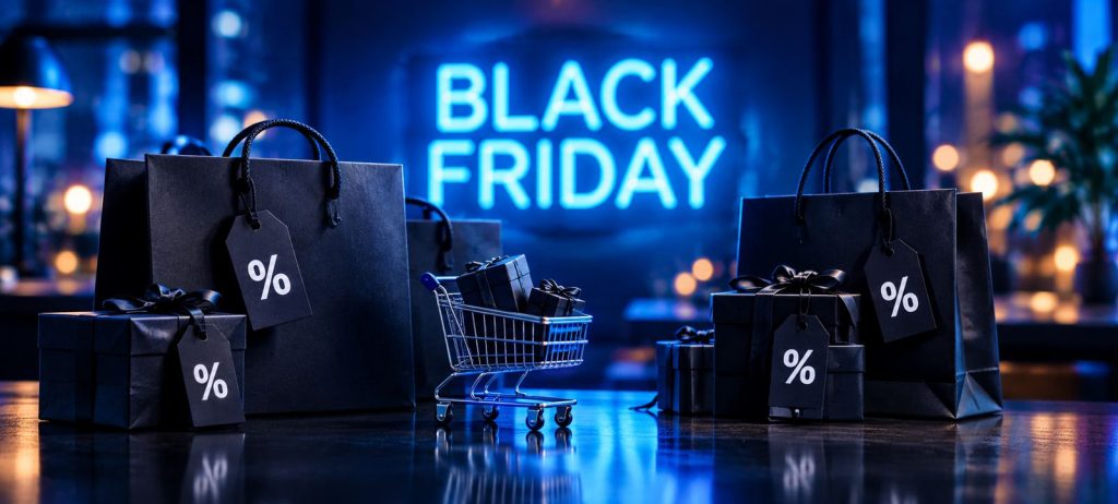 Black Friday neon sign above black shopping bags, gift boxes with discount tags and a miniature shopping cart