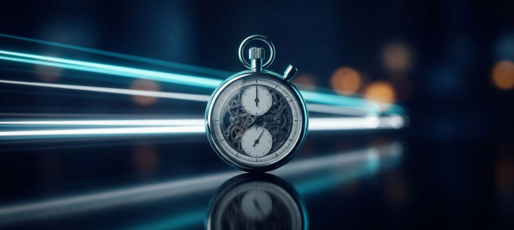 Chrome stopwatch with fast light trails streaking past it, symbolising website loading speed