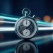 Chrome stopwatch with fast light trails streaking past it, symbolising website loading speed