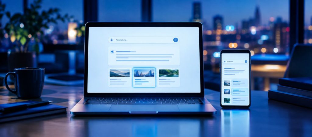 Laptop and smartphone on an office desk showing an AI search answer with source cards